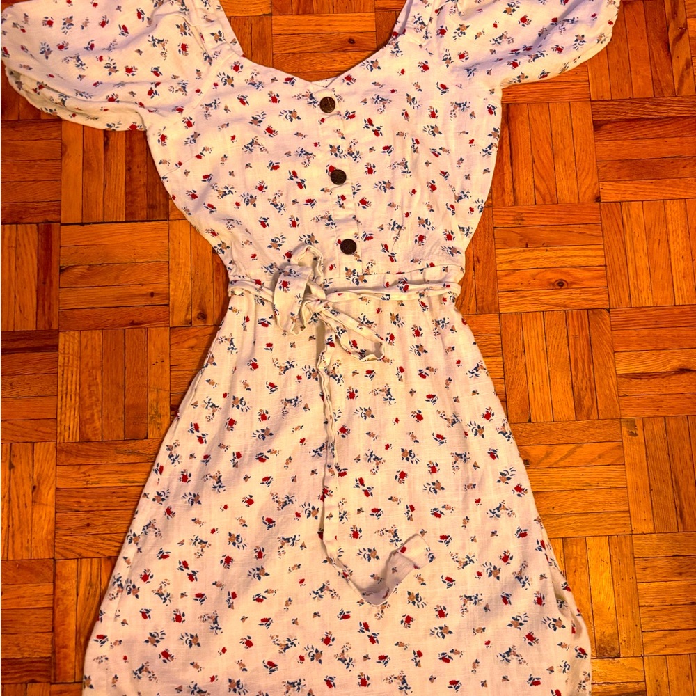 Floral Button-Down Dress with Puff Sleeves, size 2, 100% Linen